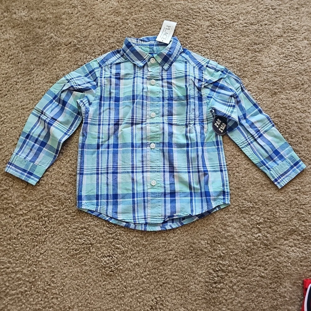 The Children's Place Boys Plaid Button-Up Shirt 2T Blue Long Sleeve